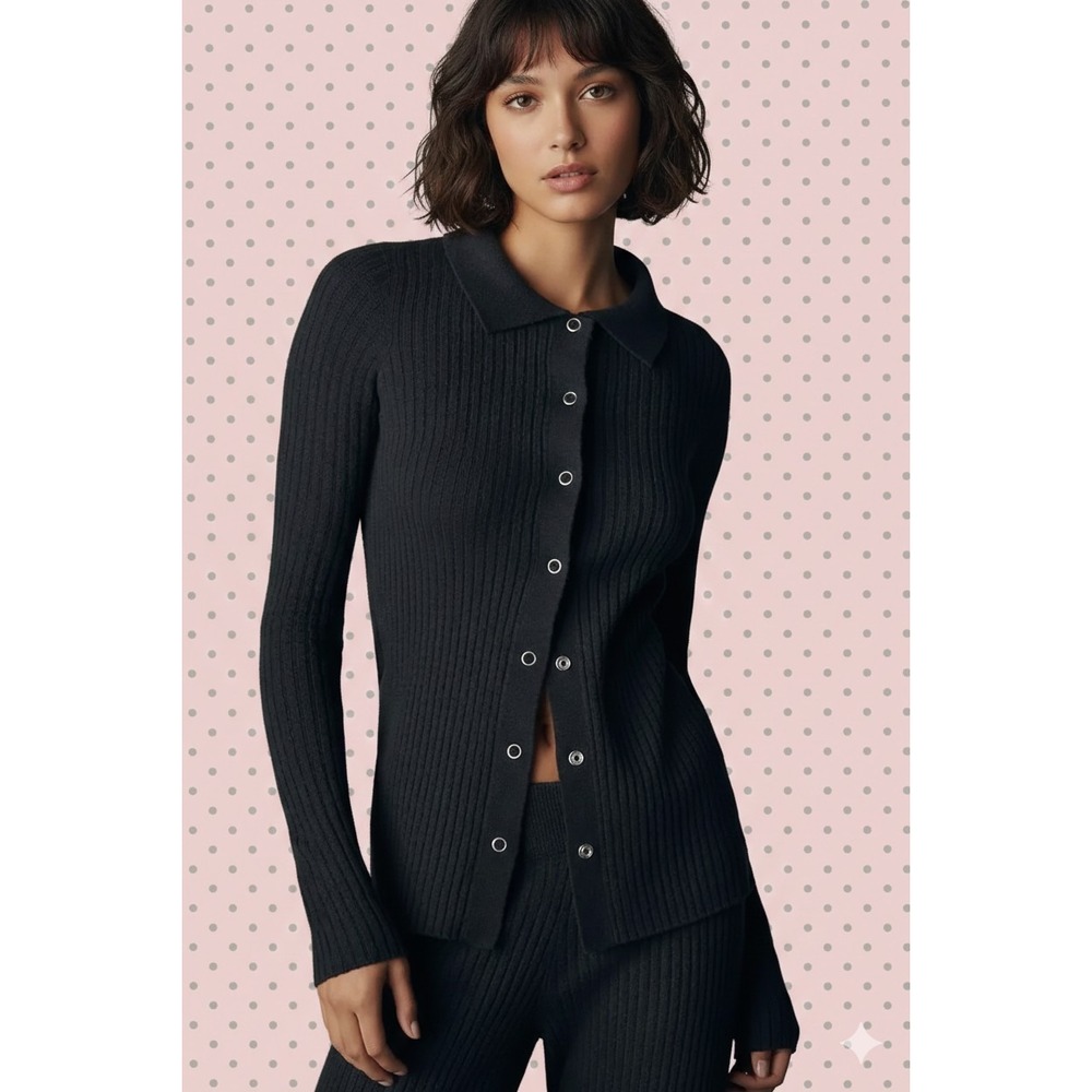 New Spiritual Gangster Aster Long Sleeve Luxe Buttondown Top XS Black Sweater